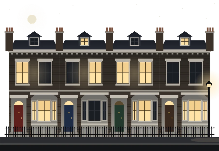 Illustration of a Regency terrace at night